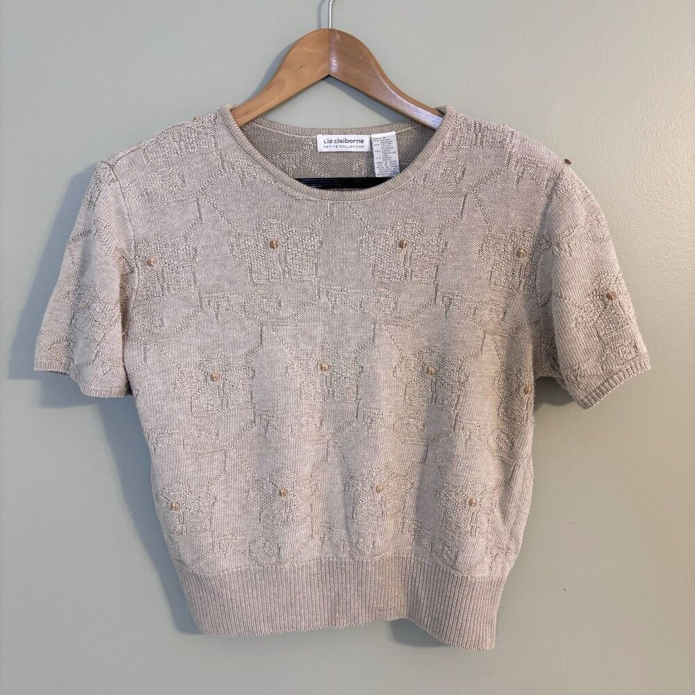 Vintage Liz Claiborne Womens Sweater Size PS Tan Knit Beaded Cottage Boho Earthy